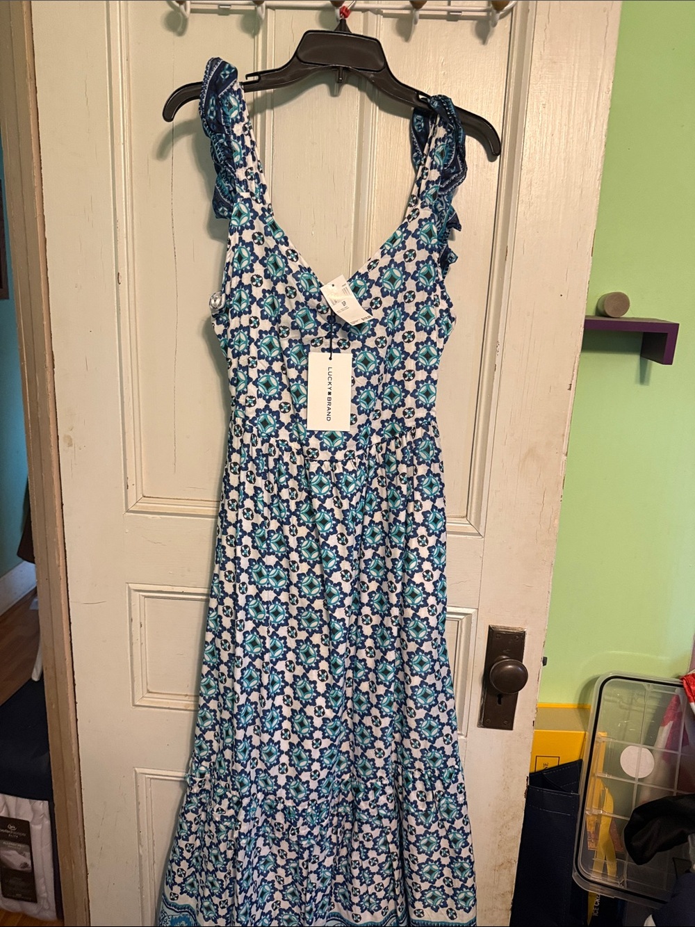 Lucky Brand White and Blue Floral Maxi Dress with Ruffle Straps